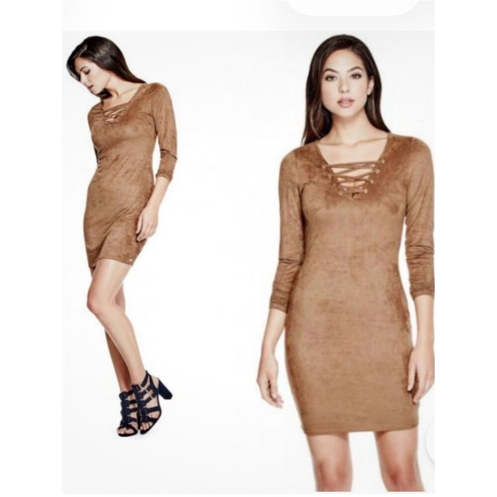 GUESS Faux-Suede Williamsburg Lace-Up Mini Dress in Camel Brown Small